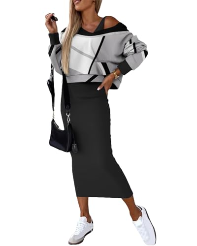 Damen Strickkleid Zweiteiliger Anzug Sweatshirt Rollkragen Pullover Oberteil und Maxi Strickrock Bodycon 2 Stück Set Winter Bodycon Pulloverkleid + Lang Rock Freizeitanzug von tinbarry