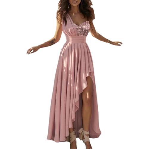 Kleid Damen V-Ausschnit Maxikleid One Shoulder Cocktailkleid Abendkleider Pailletten Partykleid Einfarbig Ballkleid Mit Schlitz Festlich Hochzeitsgäste Brautjungfernkleid von tinbarry