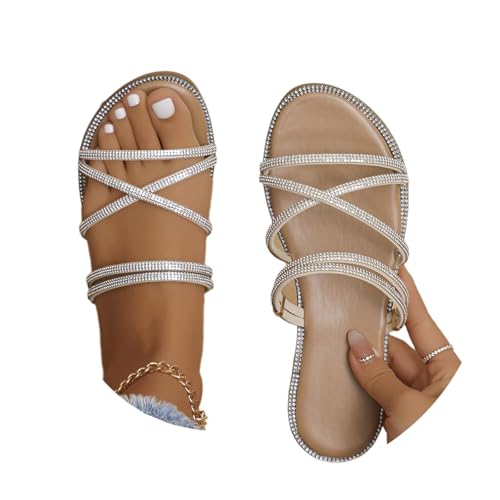 Sandalen Damen Sommer Flache Schuhe Glitzer Hausschuhe Strass Slippers Freizeitsandalen Peep Toe Urlaubsandalen Strandsandalen von tinbarry