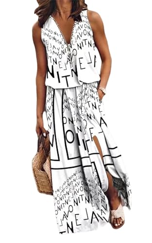 Sommerkleid Damen Ärmellos Blumen Tank Kleid Boho Kleider Maxikleid mit Taschen A-Linien Kleid mit Schlitz von tinbarry