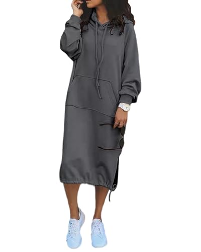 Sweatshirtkleid Damen Lang Oversize Hoodie Kleid Langarm Einfarbig Mode Streetwear Pullover Sweatkleid Sweatshirt Kleid Mit Kapuze Taschen Kapuzenkleid Pulloverkleid von tinbarry