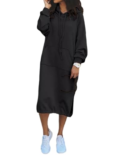 Sweatshirtkleid Damen Lang Oversize Hoodie Kleid Langarm Einfarbig Mode Streetwear Pullover Sweatkleid Sweatshirt Kleid Mit Kapuze Taschen Kapuzenkleid Pulloverkleid von tinbarry