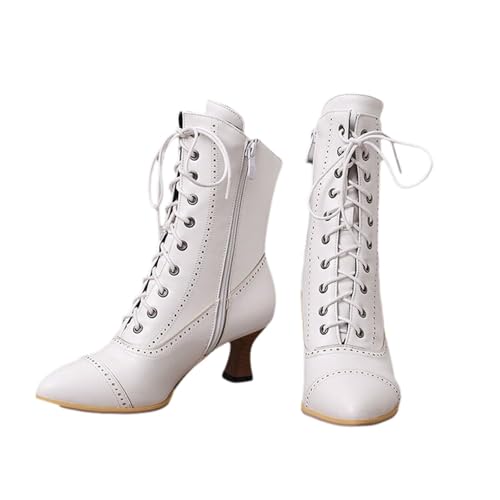 tinbarry Blockabsatz Stiefel Damen Viktorianische Stiefeletten Gothic Punk Boots Spitz Stiefelettens Vintage Schnürung Lederstiefel Reißverschluss Ankle Schlupfstiefel Niedrige Schuhe von tinbarry
