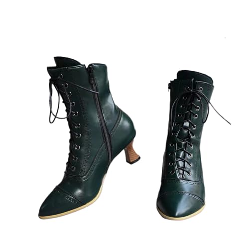 tinbarry Blockabsatz Stiefel Damen Viktorianische Stiefeletten Gothic Punk Boots Spitz Stiefelettens Vintage Schnürung Lederstiefel Reißverschluss Ankle Schlupfstiefel Niedrige Schuhe von tinbarry