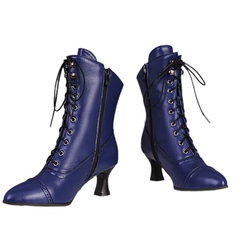 tinbarry Blockabsatz Stiefel Damen Viktorianische Stiefeletten Gothic Punk Boots Spitz Stiefelettens Vintage Schnürung Lederstiefel Reißverschluss Ankle Schlupfstiefel Niedrige Schuhe von tinbarry