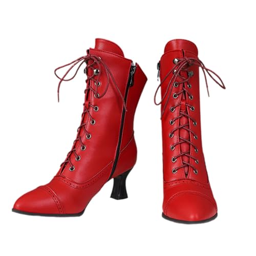 tinbarry Blockabsatz Stiefel Damen Viktorianische Stiefeletten Gothic Punk Boots Spitz Stiefelettens Vintage Schnürung Lederstiefel Reißverschluss Ankle Schlupfstiefel Niedrige Schuhe von tinbarry