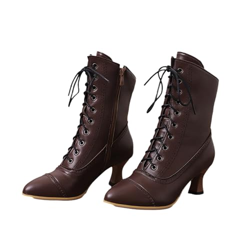 tinbarry Blockabsatz Stiefel Damen Viktorianische Stiefeletten Gothic Punk Boots Spitz Stiefelettens Vintage Schnürung Lederstiefel Reißverschluss Ankle Schlupfstiefel Niedrige Schuhe von tinbarry