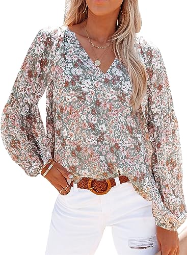 tinbarry Damen Bluse Elegant Chiffon Langarmshirt Blumendruck Blusen Boho Floral Puff Langarm T-Shirts V-Ausschnitt Oberteile Rundhals Casual Tops von tinbarry