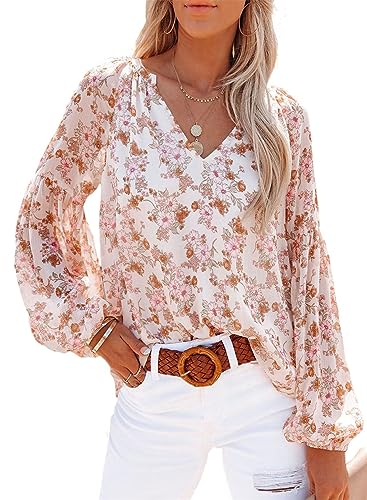 tinbarry Damen Bluse Elegant Chiffon Langarmshirt Blumendruck Blusen Boho Floral Puff Langarm T-Shirts V-Ausschnitt Oberteile Rundhals Casual Tops von tinbarry