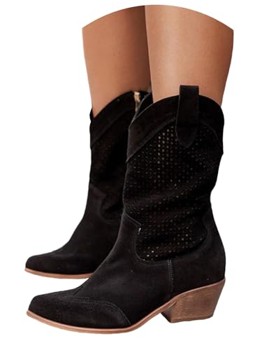 tinbarry Damen Cowboystiefel Leder Halbstiefel Knöchelhoher Westernstiefel Spitzer Niedrige Absatz Boots Perforiertem Leder Halblange Stiefel Frauen Schuhe Lange Boots von tinbarry