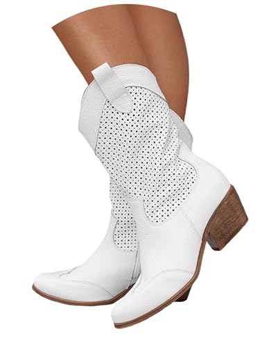 tinbarry Damen Cowboystiefel Leder Halbstiefel Knöchelhoher Westernstiefel Spitzer Niedrige Absatz Boots Perforiertem Leder Halblange Stiefel Frauen Schuhe Lange Boots von tinbarry