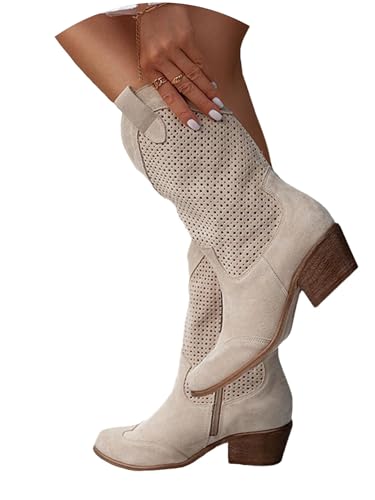 tinbarry Damen Cowboystiefel Leder Halbstiefel Knöchelhoher Westernstiefel Spitzer Niedrige Absatz Boots Perforiertem Leder Halblange Stiefel Frauen Schuhe Lange Boots von tinbarry