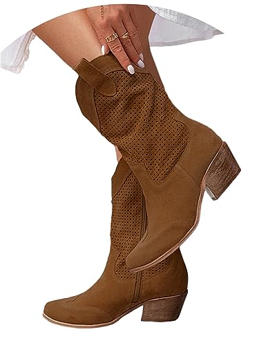 tinbarry Damen Cowboystiefel Leder Halbstiefel Knöchelhoher Westernstiefel Spitzer Niedrige Absatz Boots Perforiertem Leder Halblange Stiefel Frauen Schuhe Lange Boots von tinbarry