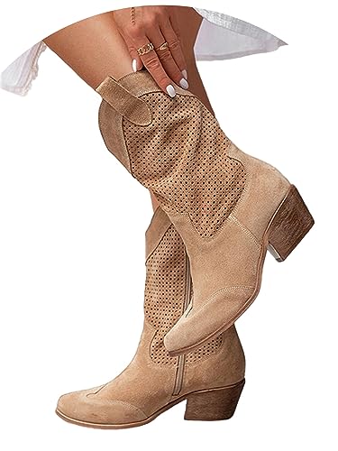 tinbarry Damen Cowboystiefel Leder Halbstiefel Knöchelhoher Westernstiefel Spitzer Niedrige Absatz Boots Perforiertem Leder Halblange Stiefel Frauen Schuhe Lange Boots von tinbarry
