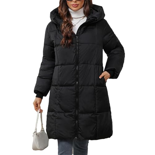 tinbarry Damen Daunenjacke Lang Warm Winterjacke Reißverschluss Daunenmantel Steppmantel mit Kapuze Winddicht Jacke mit Taschen Outdoor Pufferjacke von tinbarry