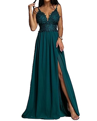 tinbarry Damen Elegant Maxi Lang Abendkleid V-Ausschnitt Hochzeitskleid Brautjungfernkleider Spitzenkleid mit Schlitzen von tinbarry