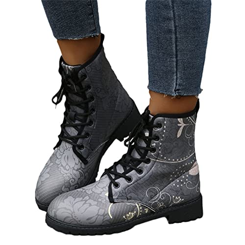 tinbarry Damen Gothic Stiefel mit Absatz Chelsea Ankle Boot Punk Stiefeletten Knöchel Stiefel Mit Blockabsatz Retro Drucken Kurze Stiefeletten Chunky Heels von tinbarry