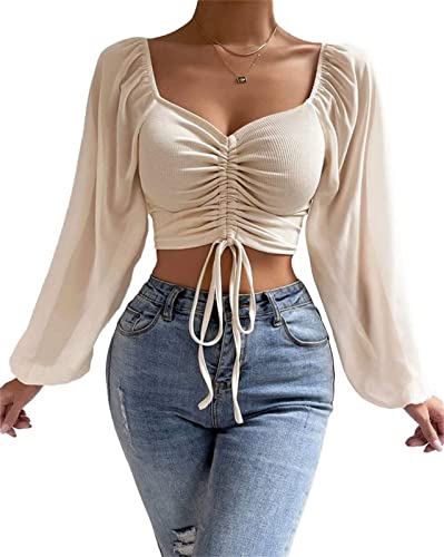 tinbarry Damen Langarmshirts Elegant Oberteil Durchsichtig Ärmel Crop Top Herzausschnitt Kurz Tops mit Tunnelzug Tunika Herbstshirt von tinbarry