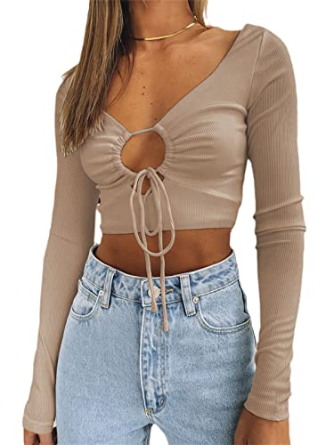 tinbarry Damen Langarmshirts Elegant Oberteil Durchsichtig Ärmel Crop Top Herzausschnitt Kurz Tops mit Tunnelzug Tunika Herbstshirt von tinbarry