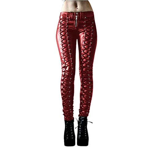 tinbarry Damen Lederhose Gothic Punk Hose Stretch Skinny Kunstleder Leggings Hohe Taille Lange Kreuzgurt Lederhose PU Leder Look Wetlook Biker Pants von tinbarry