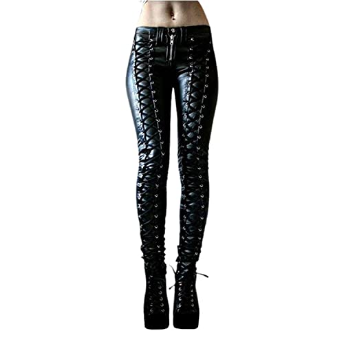 tinbarry Damen Lederhose Gothic Punk Hose Stretch Skinny Kunstleder Leggings Hohe Taille Lange Kreuzgurt Lederhose PU Leder Look Wetlook Biker Pants von tinbarry