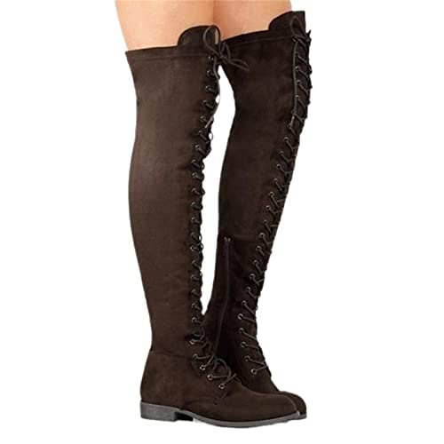 tinbarry Damen Overknee Stiefel Winter Schwarz Gothic Punk Stiefel Stretch Kniehohe Stiefel Flache Lange Stiefel Vintage Schnüren Flache Schuhe Hohe Stiefel Langschaft Winterstiefel von tinbarry