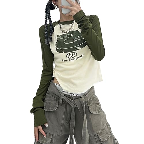 tinbarry Damen Y2K Crop Top Slim Fit Langarmshirt Harajuku Kurz T-Shirt Bauchfrei Rundhals Oberteil Vintage Strickpullover Teenage Aesthetic Tops E-Girls Streetwear von tinbarry