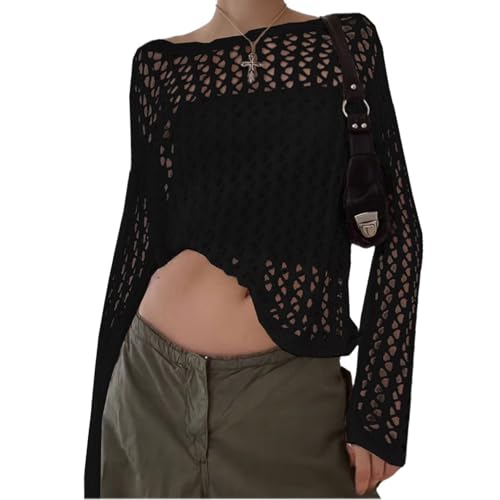 tinbarry Damen Y2K Langarm Crop Top Hollow Out Crochet Pullover Netzoberteil mit Transparent Langarm Strand Bikini Mesh Cover Up Tunika Netz Strand Oberteil Gestrickte Sommer Streetwear Elegant von tinbarry
