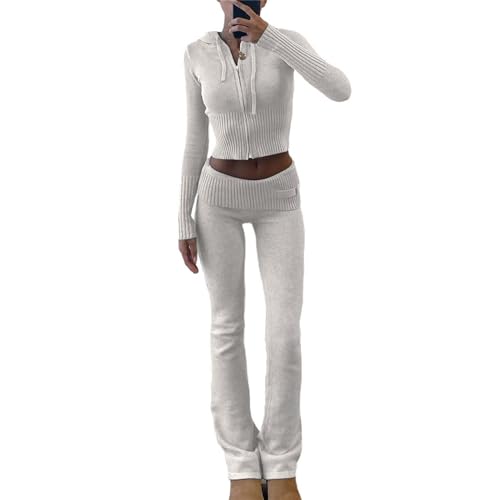 tinbarry Damen Zweiteiler Y2K Hosenanzug Zip Up Strickpullover und Hose Elegant Loungewear Slim Fit Jogginganzug Warme Trainingsanzug 2 Teilig Sportanzug 90er Outfit Set von tinbarry