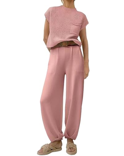 tinbarry Damen Zweiteiliger Strickanzug Trainingsanzug Strickpullover Tops Hosen Set Hosenanzug Loungewea Jogginganzug Freizeitanzug Sommer Outfits von tinbarry