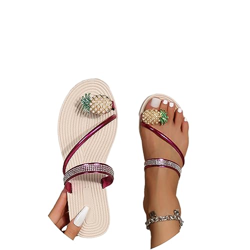 tinbarry Flache Sandalen Damen Flip Flops Strass Boho Sommerschuhe T-Riemen Strandsandalen Zehentrenner Freizeitsandalen Elegante Peep Toe Gummiband Slingback Sandalen von tinbarry