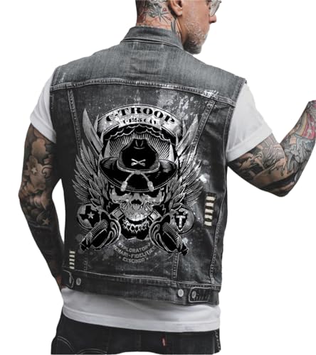 tinbarry Herren Denim Weste Ärmellose Jeansweste Freizeit Jeansjacke Totenkopf Drucken Jacke Vintage Punk Jeansmantel Mode Oberbekleidung mit Knöpfen von tinbarry