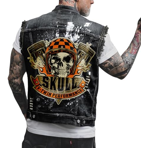 tinbarry Herren Denim Weste Ärmellose Jeansweste Freizeit Jeansjacke Totenkopf Drucken Jacke Vintage Punk Jeansmantel Mode Oberbekleidung mit Knöpfen von tinbarry