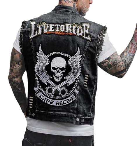 tinbarry Herren Denim Weste Ärmellose Jeansweste Freizeit Jeansjacke Totenkopf Drucken Jacke Vintage Punk Jeansmantel Mode Oberbekleidung mit Knöpfen von tinbarry
