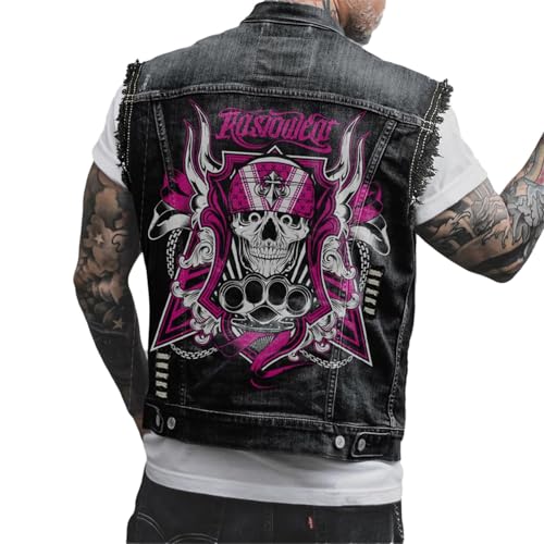 tinbarry Herren Denim Weste Ärmellose Jeansweste Freizeit Jeansjacke Totenkopf Drucken Jacke Vintage Punk Jeansmantel Mode Oberbekleidung mit Knöpfen von tinbarry
