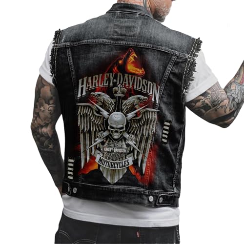 tinbarry Herren Denim Weste Ärmellose Jeansweste Freizeit Jeansjacke Totenkopf Drucken Jacke Vintage Punk Jeansmantel Mode Oberbekleidung mit Knöpfen von tinbarry