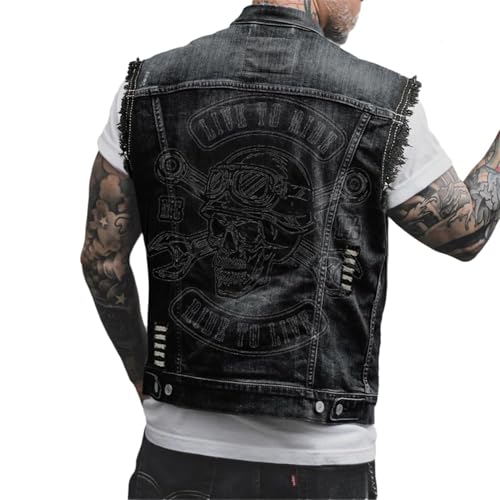 tinbarry Herren Denim Weste Ärmellose Jeansweste Freizeit Jeansjacke Totenkopf Drucken Jacke Vintage Punk Jeansmantel Mode Oberbekleidung mit Knöpfen von tinbarry