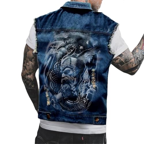 tinbarry Herren Denim Weste Ärmellose Jeansweste Freizeit Jeansjacke Totenkopf Drucken Jacke Vintage Punk Jeansmantel Mode Oberbekleidung mit Knöpfen von tinbarry