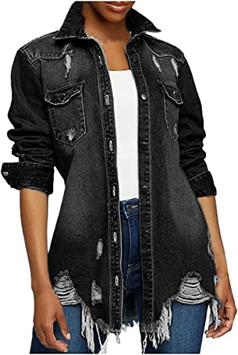 tinbarry Jeansjacke Damen Lang Boyfriend Vintage Oversized Übergangsjacke Denim Jacke Lang Jeansmantel Kurze Destroyed Mantel Cut Out Jeansjacken von tinbarry