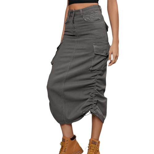 tinbarry Jeansrock Damen Y2K Cargo Rock Denim Bleistiftrock mit Taschen Hohe Taille Midirock Kordelzug Elastizität Frachtrock Bodycon Stretch Lang Rock Vintage Skirt Streetwear von tinbarry