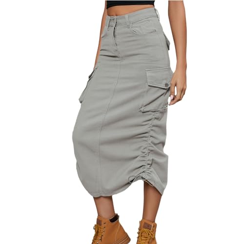 tinbarry Jeansrock Damen Y2K Cargo Rock Denim Bleistiftrock mit Taschen Hohe Taille Midirock Kordelzug Elastizität Frachtrock Bodycon Stretch Lang Rock Vintage Skirt Streetwear von tinbarry