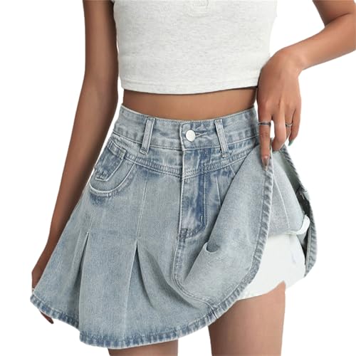 tinbarry Jeansrock Damen Y2K Minirock Kurz Faltenrock mit Tasche A-Linie Sommerrock Hohe Taille Jean Röcke E-Girl Streetwear Vintage Cargo Gothic Punk von tinbarry