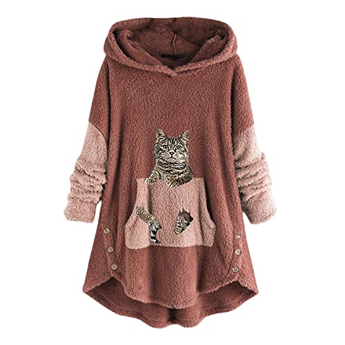 tinbarry Kapuzenpullover Damen Katze Druck Kuschelig Fleecepulli Große Größen Pullover Winter Warm Fleecejacke Teddy Jacke Lang Plüschjacke Sweatshirt Mit Kapuze Cute Wintermantel von tinbarry