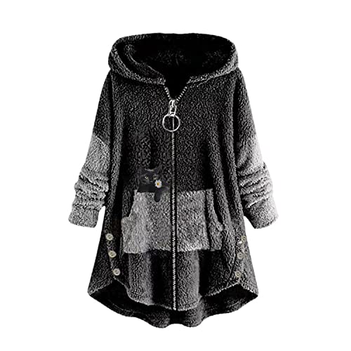 tinbarry Kapuzenpullover Damen Katze Druck Kuschelig Fleecepulli Große Größen Pullover Winter Warm Fleecejacke Teddy Jacke Lang Plüschjacke Sweatshirt Mit Kapuze Cute Wintermantel von tinbarry