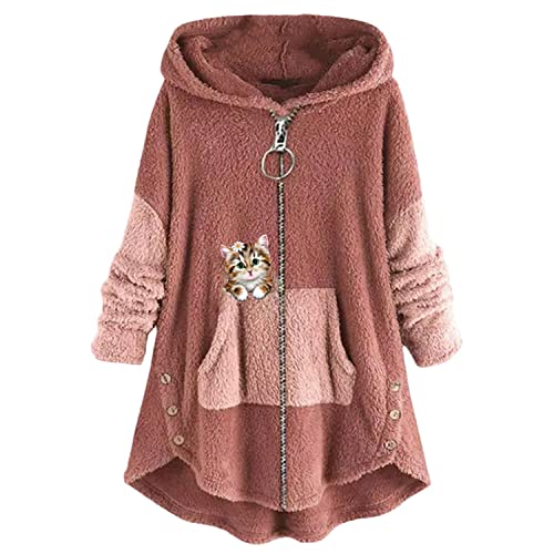 tinbarry Kapuzenpullover Damen Katze Druck Kuschelig Fleecepulli Große Größen Pullover Winter Warm Fleecejacke Teddy Jacke Lang Plüschjacke Sweatshirt Mit Kapuze Cute Wintermantel von tinbarry