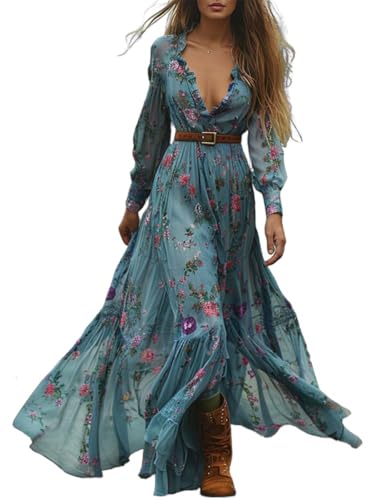 tinbarry Kleid Damen Elegant Lang Maxikleid V-Ausschnitt Langarm Blumenkleid Boho Freizeitkleid Sommerkleider von tinbarry