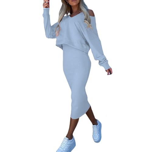 tinbarry Kleid Zweiteiliger Anzug Damen Midikleid Bodycon 2 Stück Set Loose Oberteil und Kleid Winter Kleid Slim Fit Freizeitkleid Outfits Elegant Herbst Winter von tinbarry