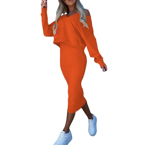 tinbarry Kleid Zweiteiliger Anzug Damen Midikleid Bodycon 2 Stück Set Loose Oberteil und Kleid Winter Kleid Slim Fit Freizeitkleid Outfits Elegant Herbst Winter von tinbarry