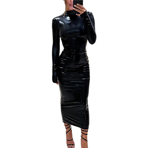 tinbarry Lederkleid Damen Mesh Spitze Minikleid Bodycon Bleistiftkleid Ärmellos Midi Partykleid mit Reissverschluss Kunstleder Partykleid Cocktailkleid Wetlook PU Leder Kleid Clubwear von tinbarry