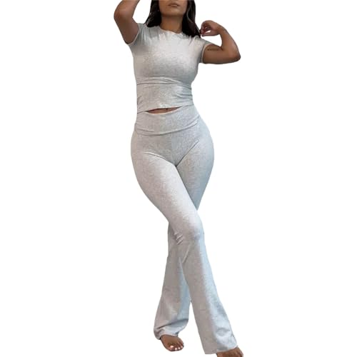 tinbarry Lounge Set Damen Zweiteiler Long Sleeve Loungewear Y2K Hausanzug Elegant Schmal Jogginganzug Yoga Schlaghose Baumwoll Outfits 2 Stück Loungewear Freizeitanzug von tinbarry